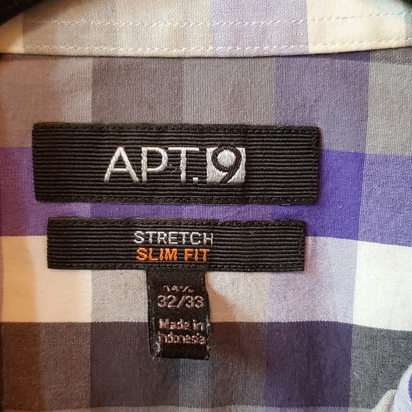 APT 9 Stretch Slim Fit Purple Checkered Button Up Shirt SZ 14.5 32/33 - Picture 5 of 7